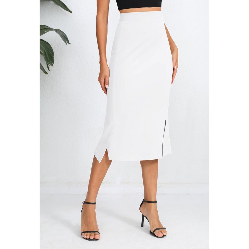 Women's White Stretch Office Fishtail Pencil High Waist Bodycon Slit Midi Skirt - Picture 4 of 6
